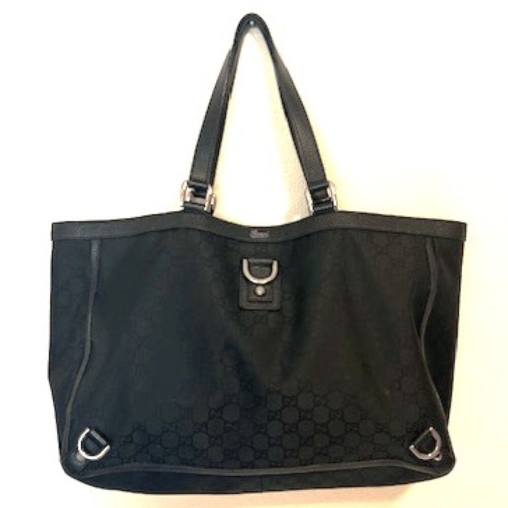Gucci Black GG Canvas Tote with Leather Trim and Silver Hardware
